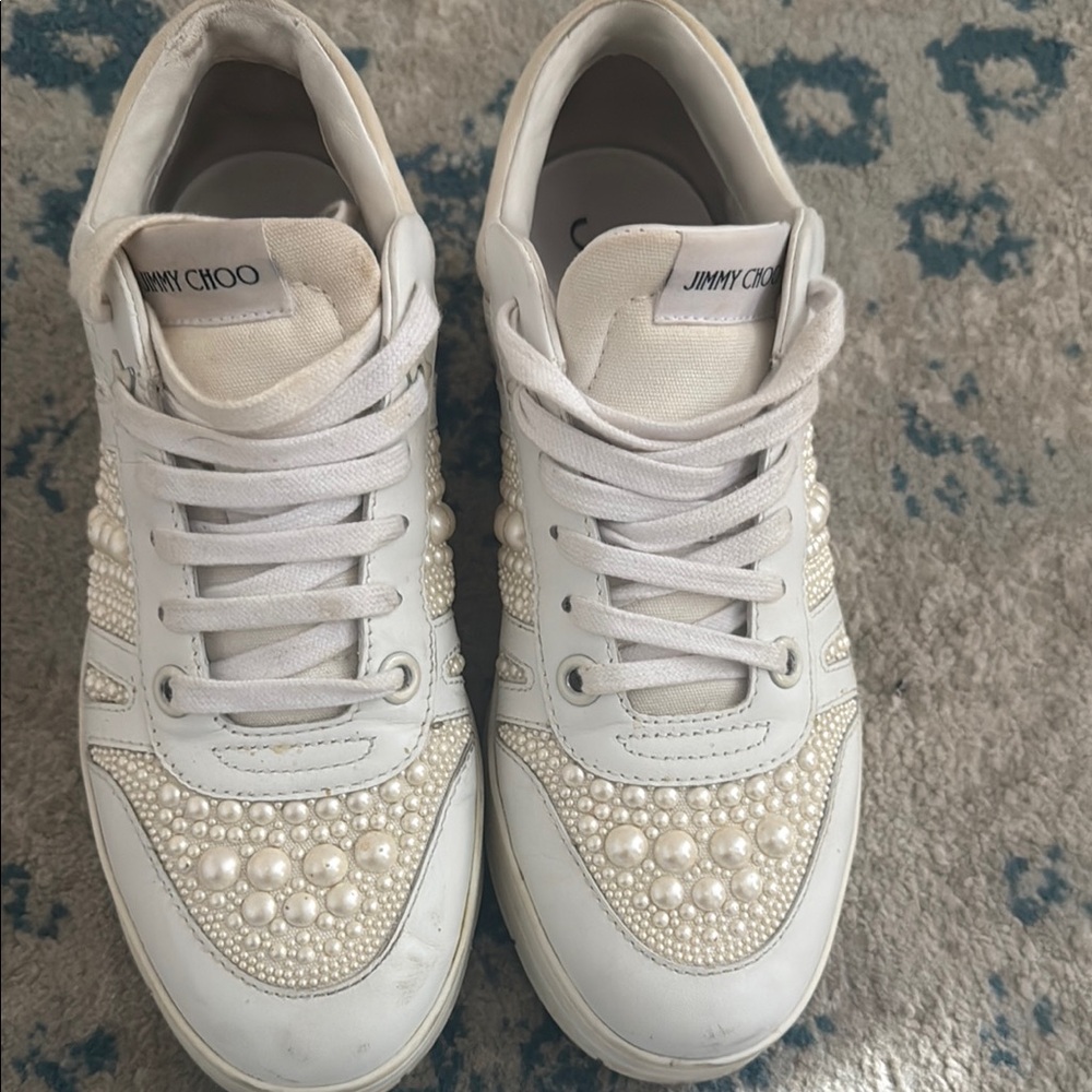 Jimmy Choo White Pearl Embellished Women's Sneakers